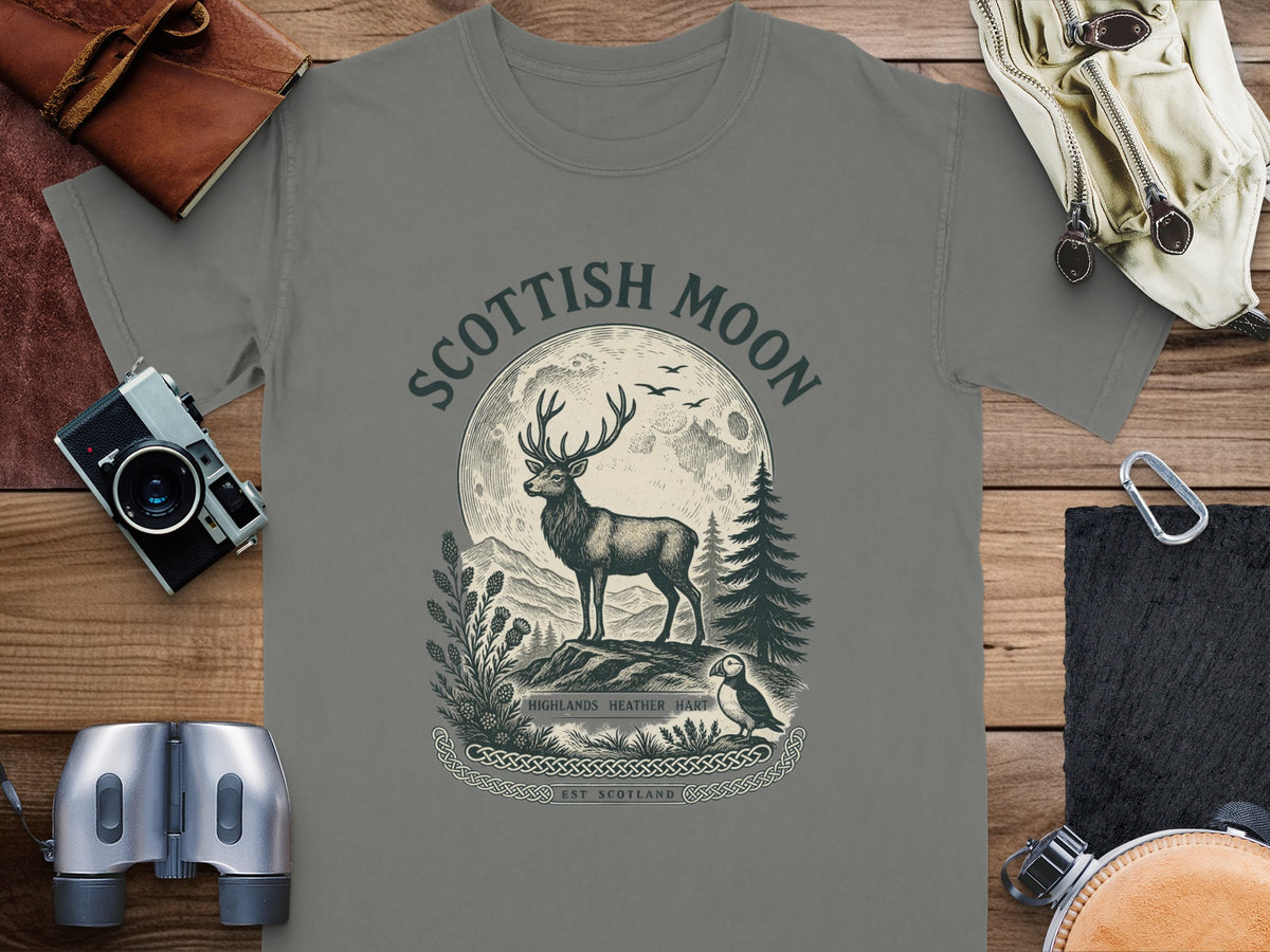 T-shirt with Scottish Moon design featuring stag, puffin, and Celtic knotwork.