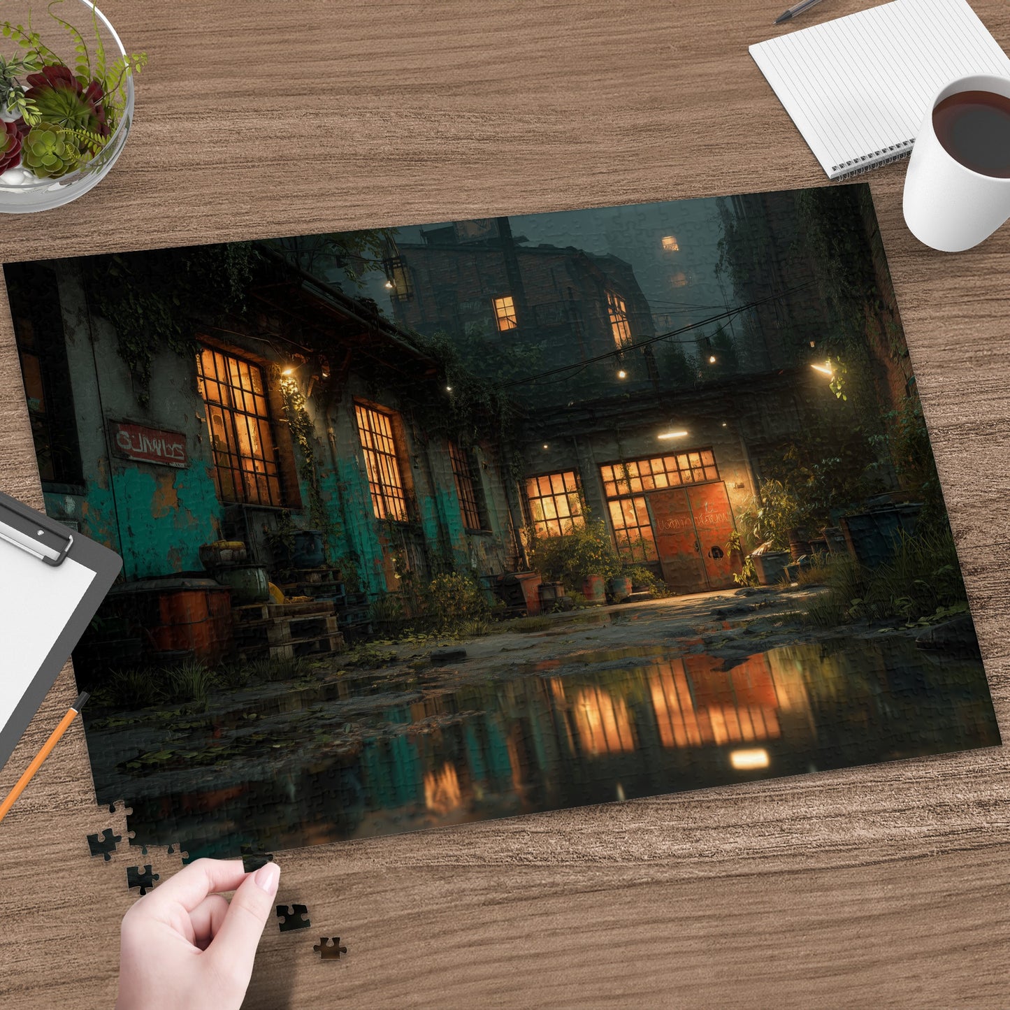 Glow-in-the-dark puzzle of a moody, wet alleyway with lit windows.