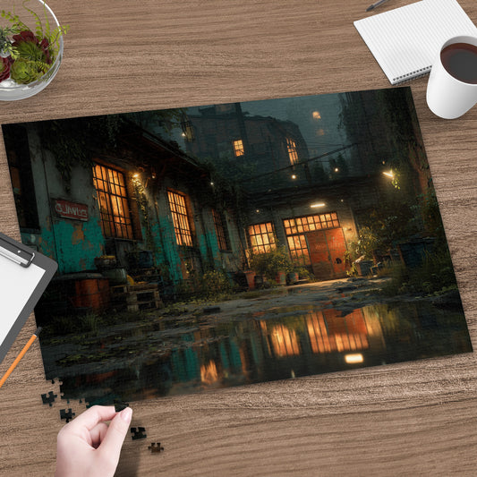 Glow-in-the-dark puzzle of a moody, wet alleyway with lit windows.