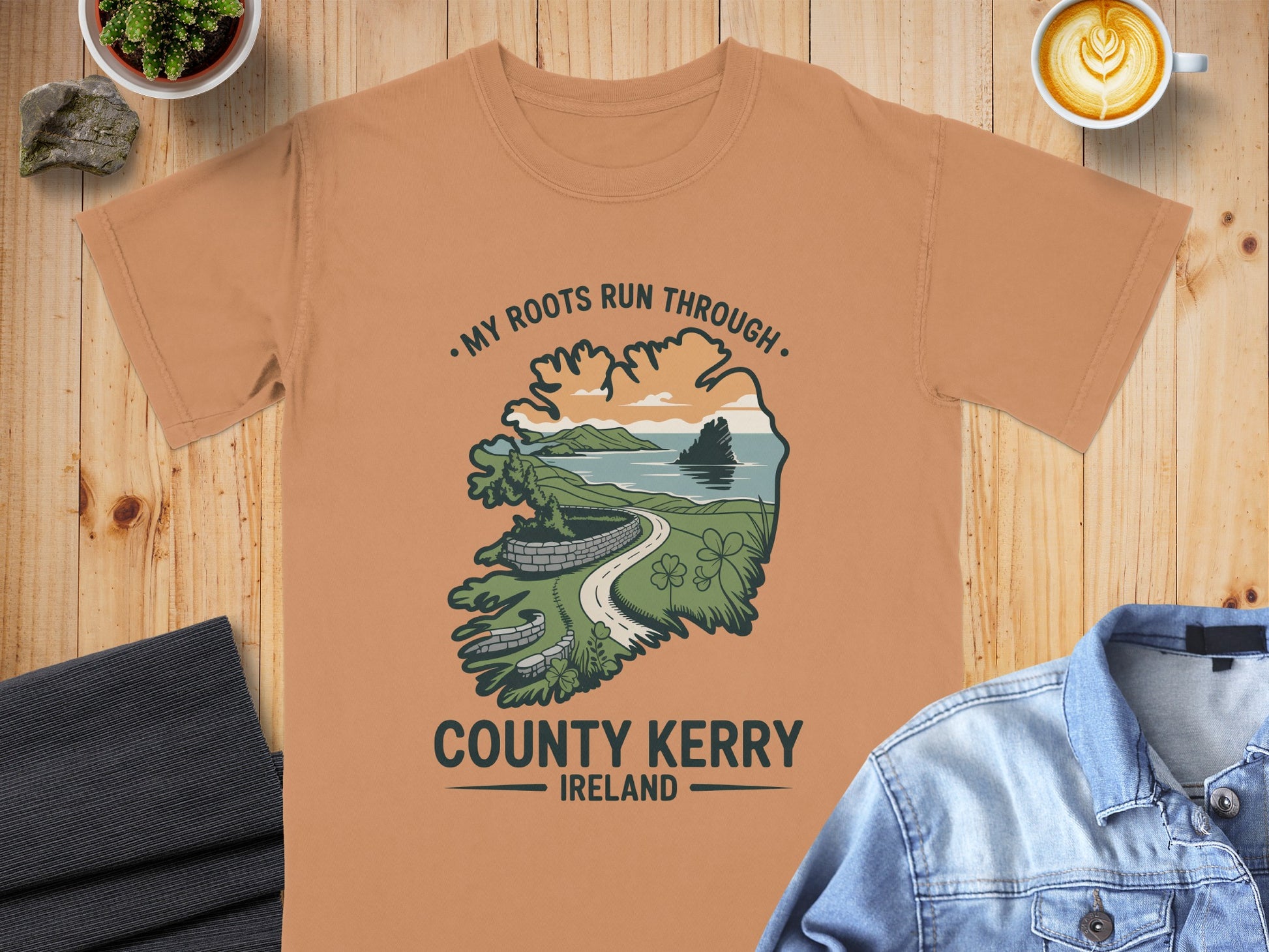 Orange t-shirt with County Kerry Ireland graphic and text "My Roots Run Through".