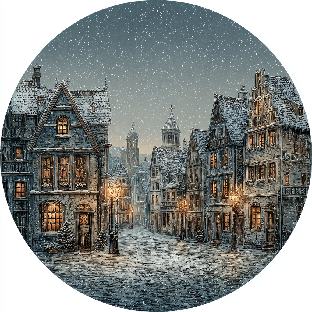 Evening snowfall scene vintage village artwork product