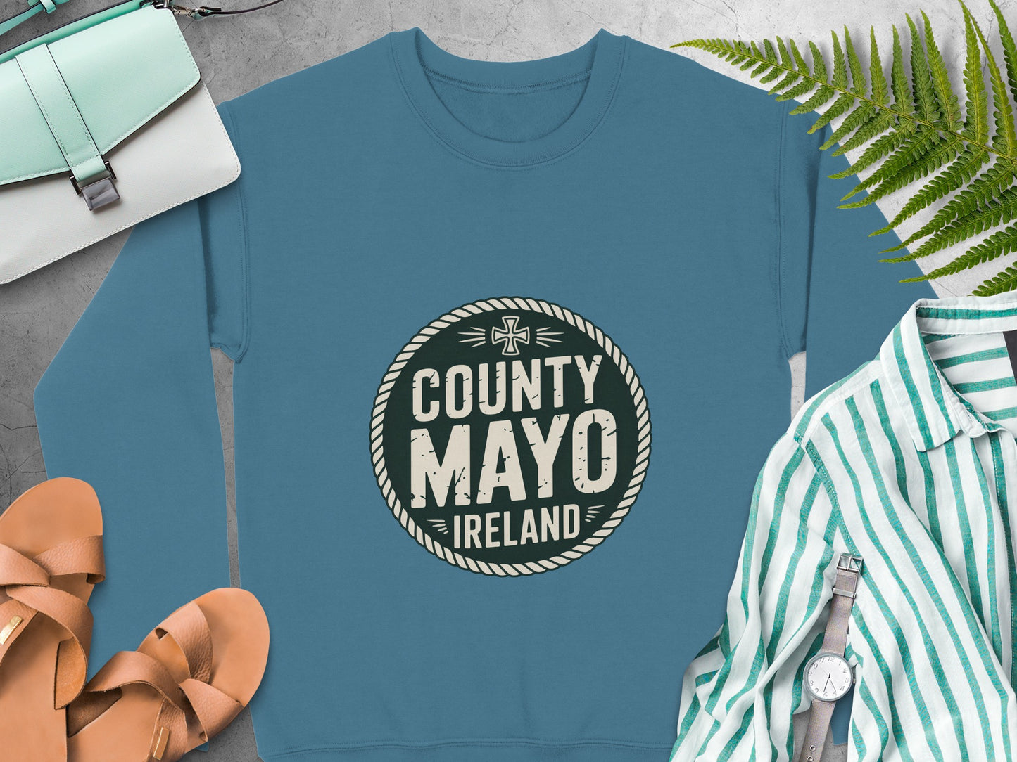 "COUNTY MAYO IRELAND" text in a circular emblem on Indigo Blue sweatshirt