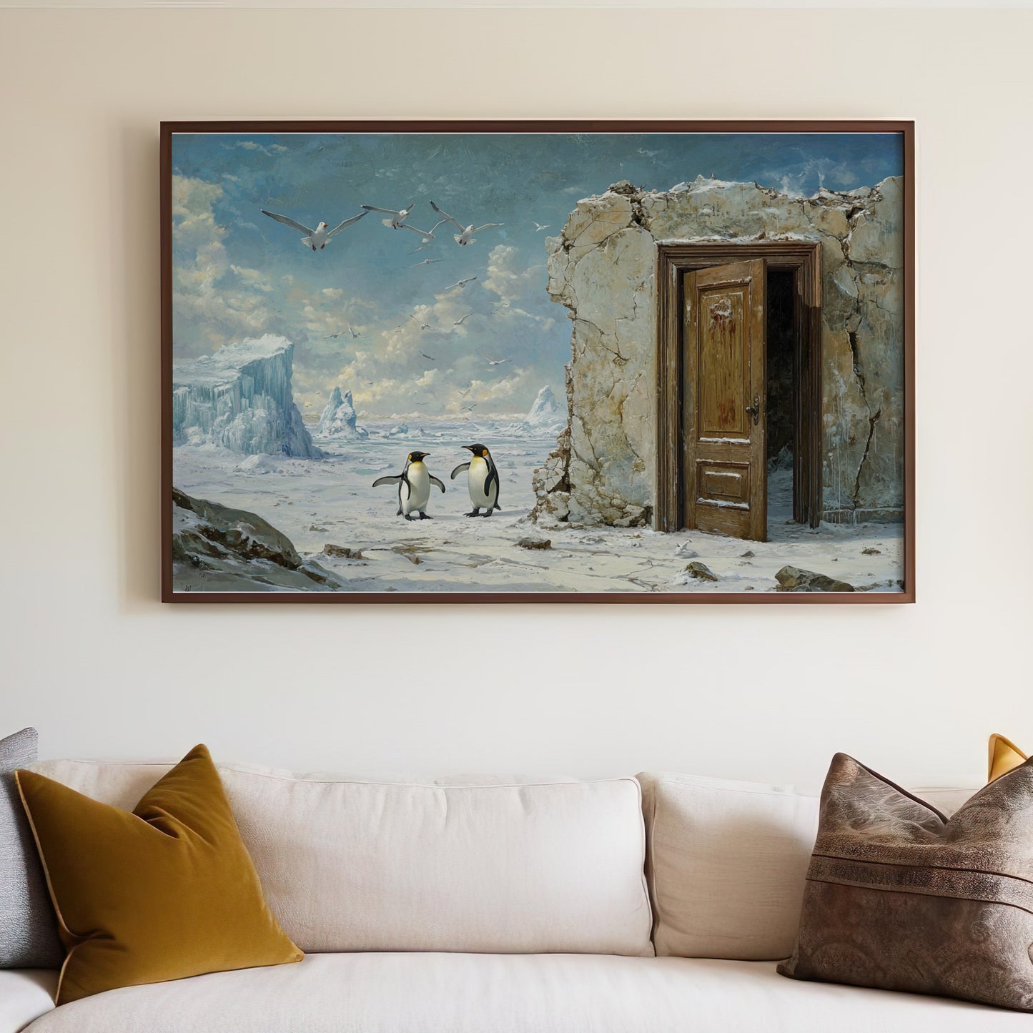 Surreal Landscape with Penguins Art Print