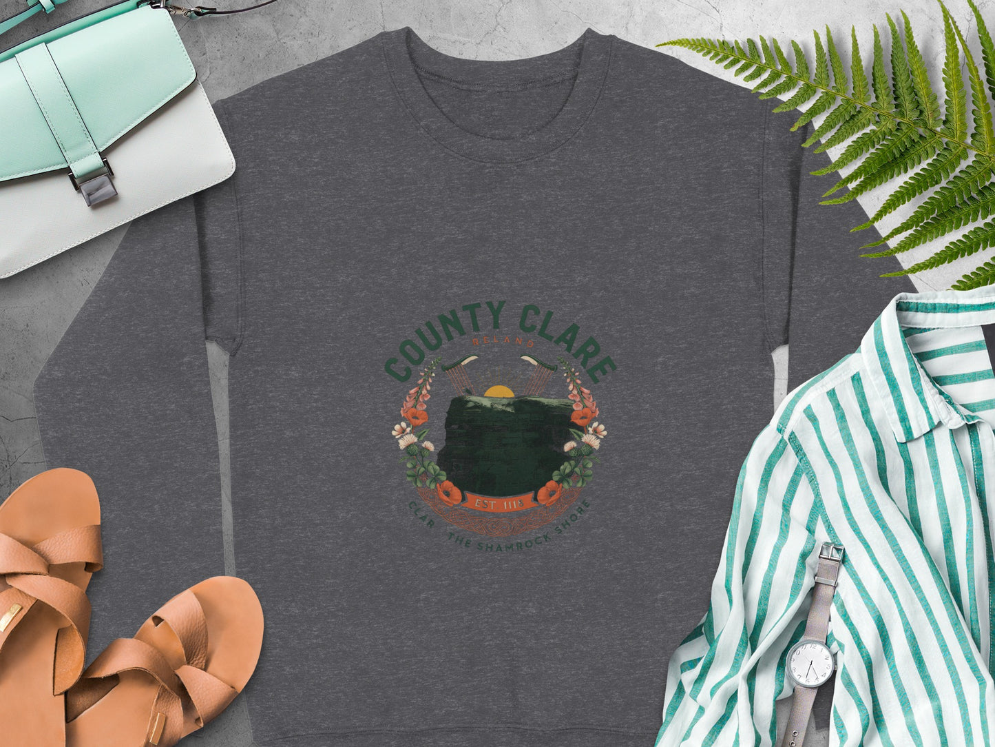 "County Clare" text and Irish clover design on Dark Heather sweatshirt