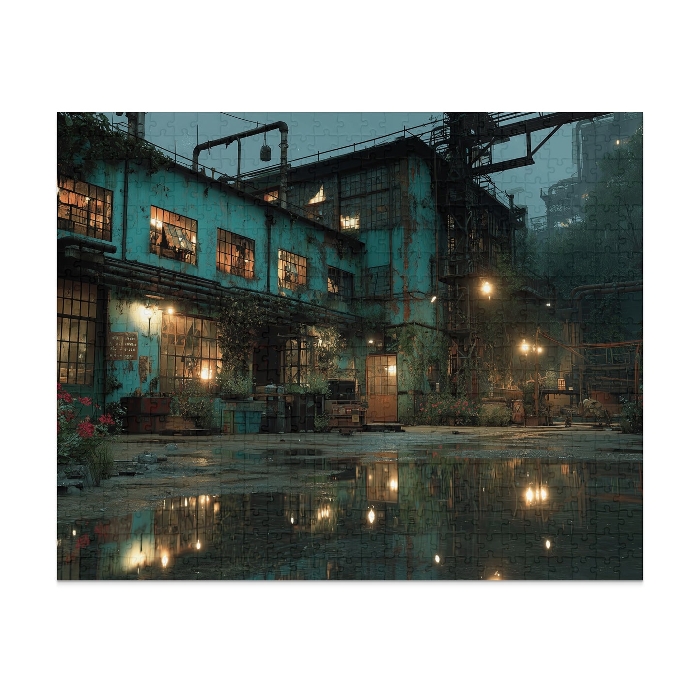 Dilapidated factory building with glowing windows reflected in puddles.