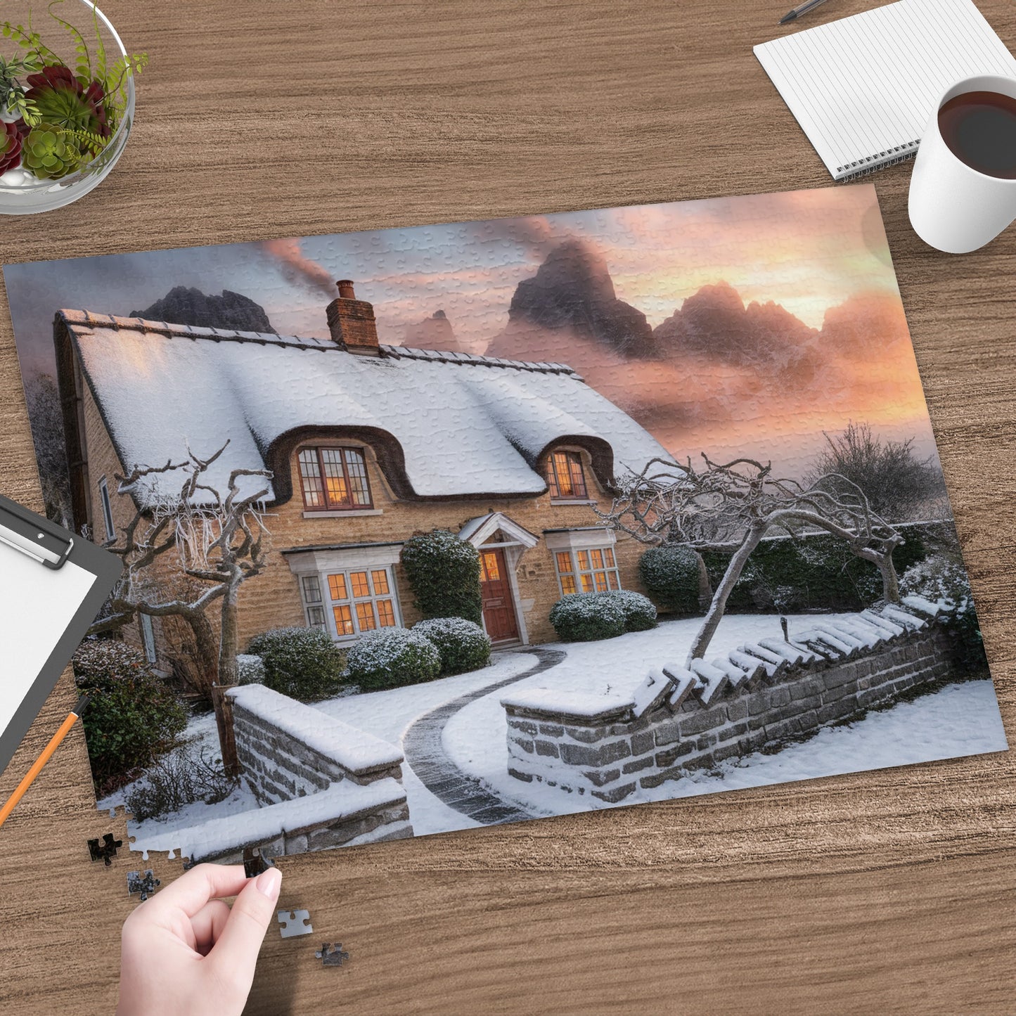 Snow-covered cottage with lit windows and a mountain sunset in the background.