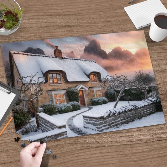 Snow-covered cottage with lit windows and a mountain sunset in the background.