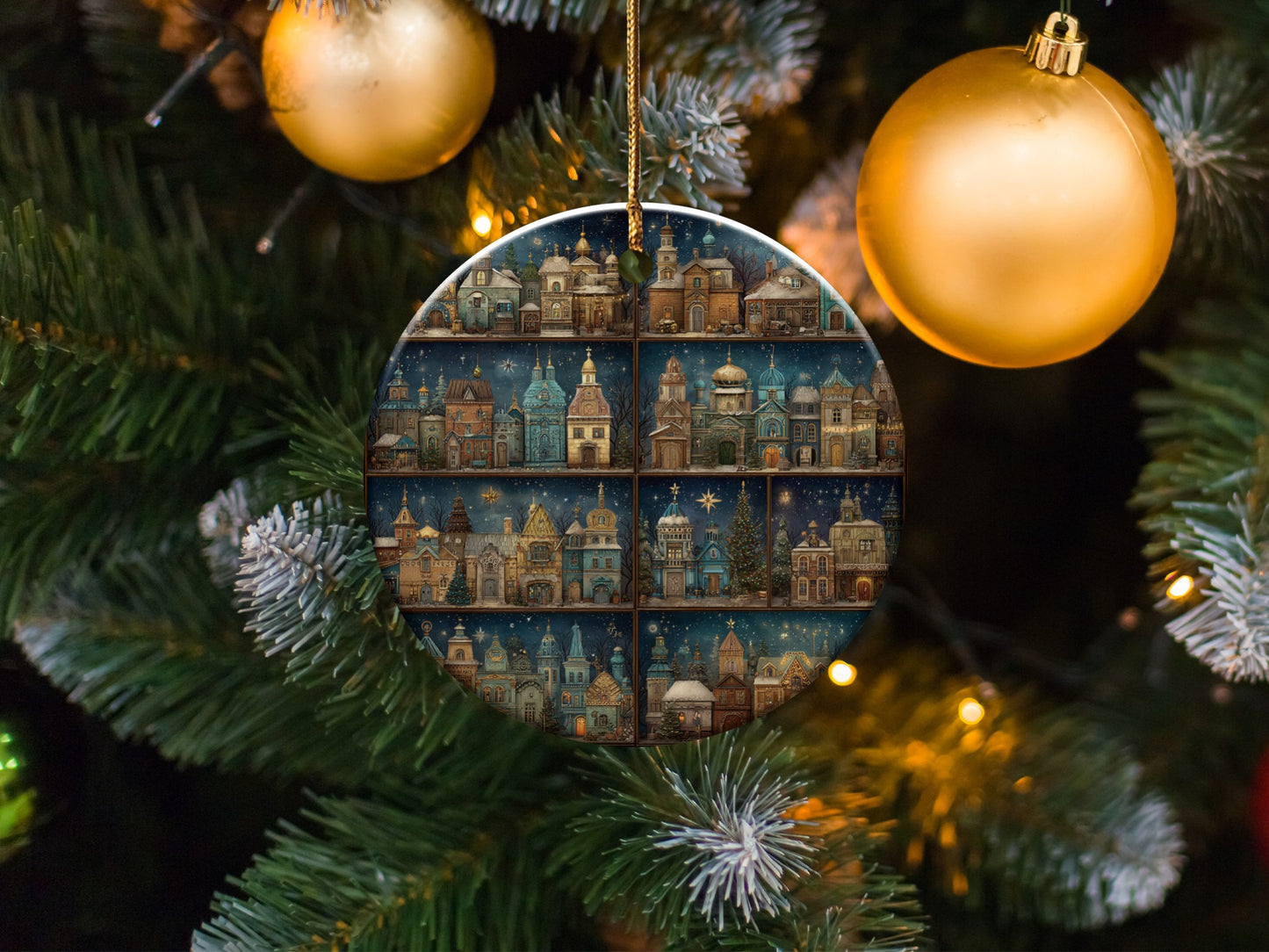 Festive Night Village Scene Christmas Tree Ornament