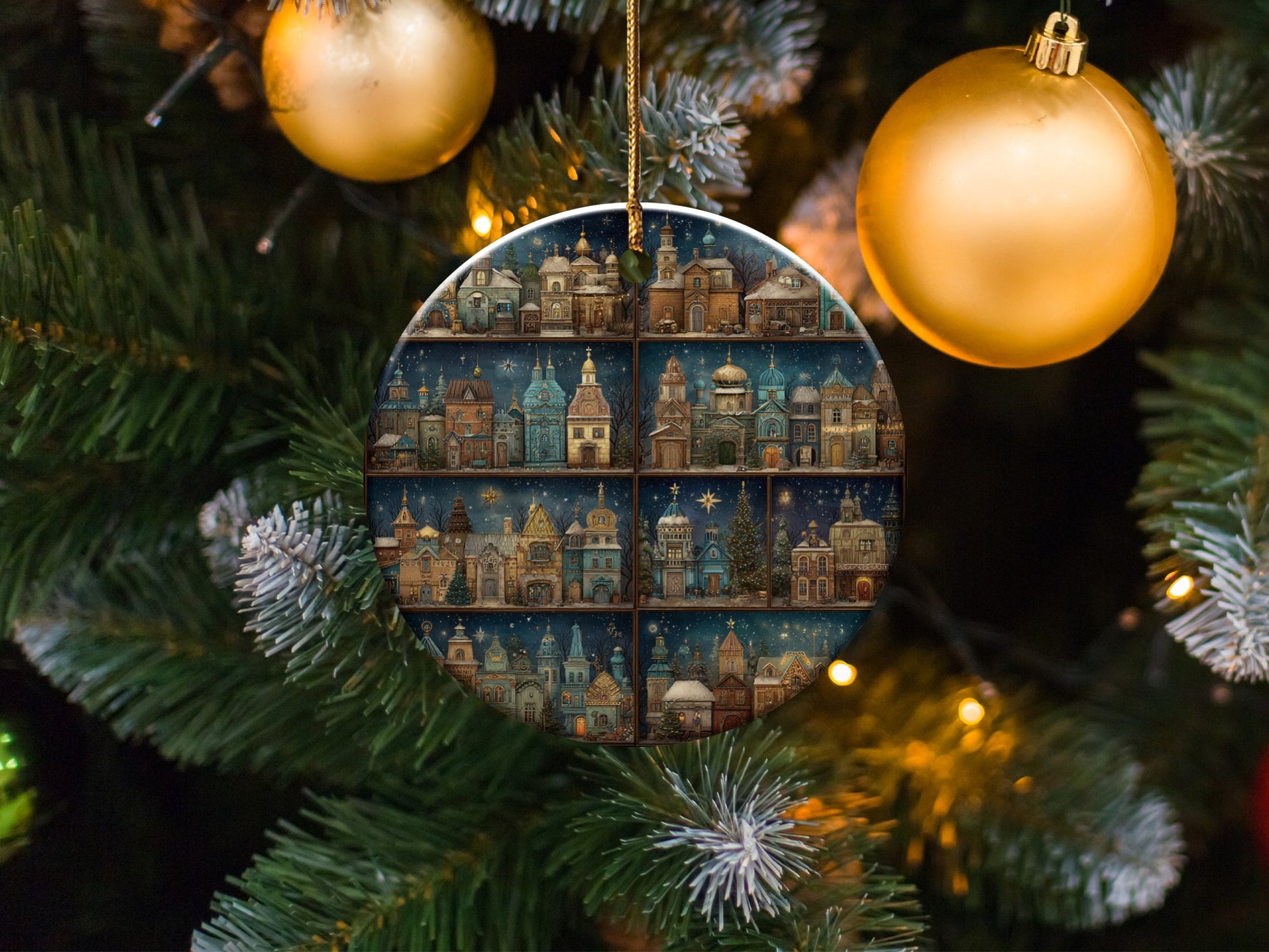 Festive Night Village Scene Christmas Tree Ornament
