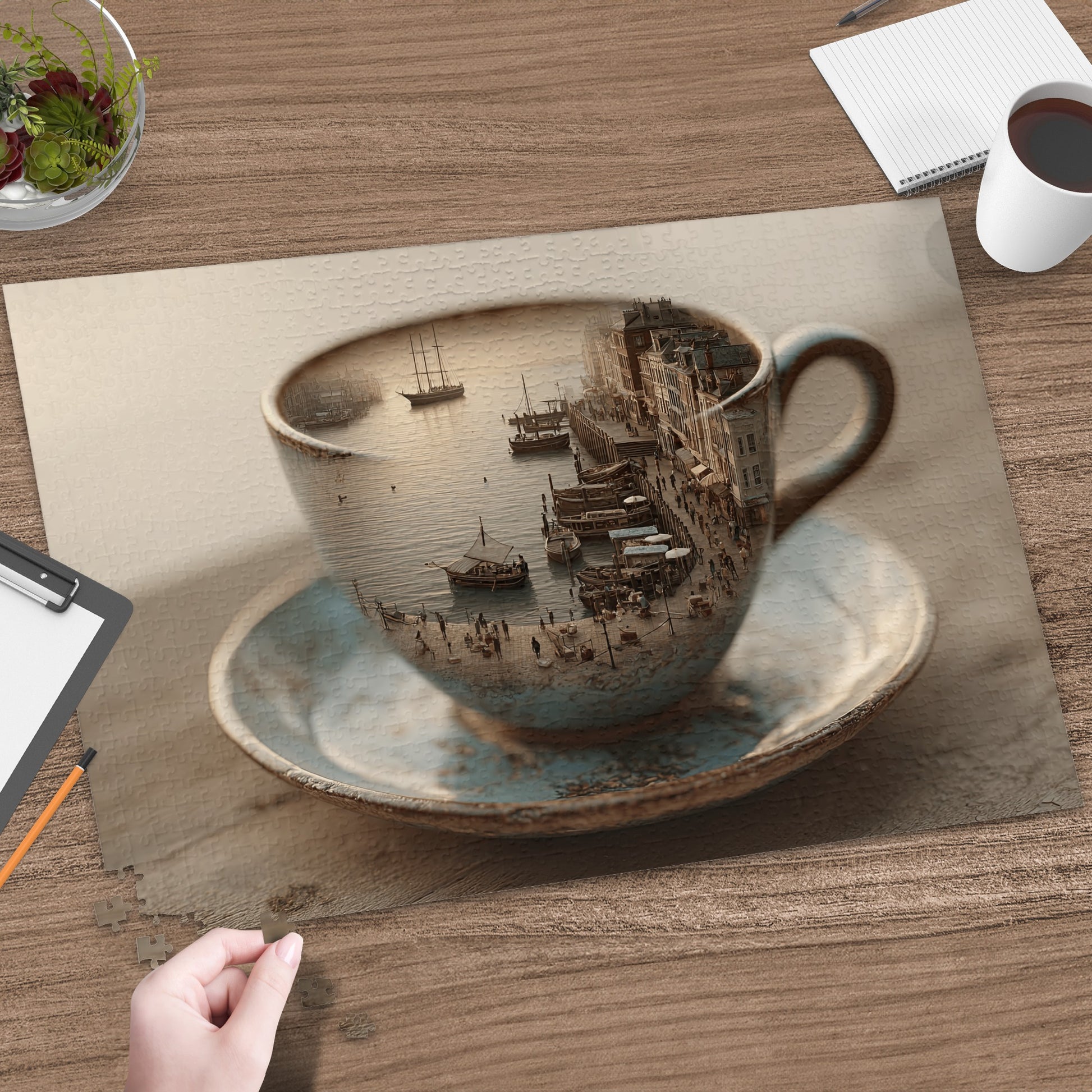 Coffee cup filled with a miniature cityscape and harbor scene.