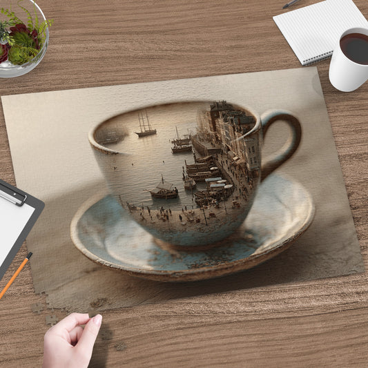 Coffee cup filled with a miniature cityscape and harbor scene.