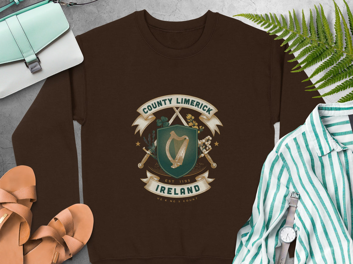 Brown sweatshirt with a County Limerick Ireland crest featuring a harp.