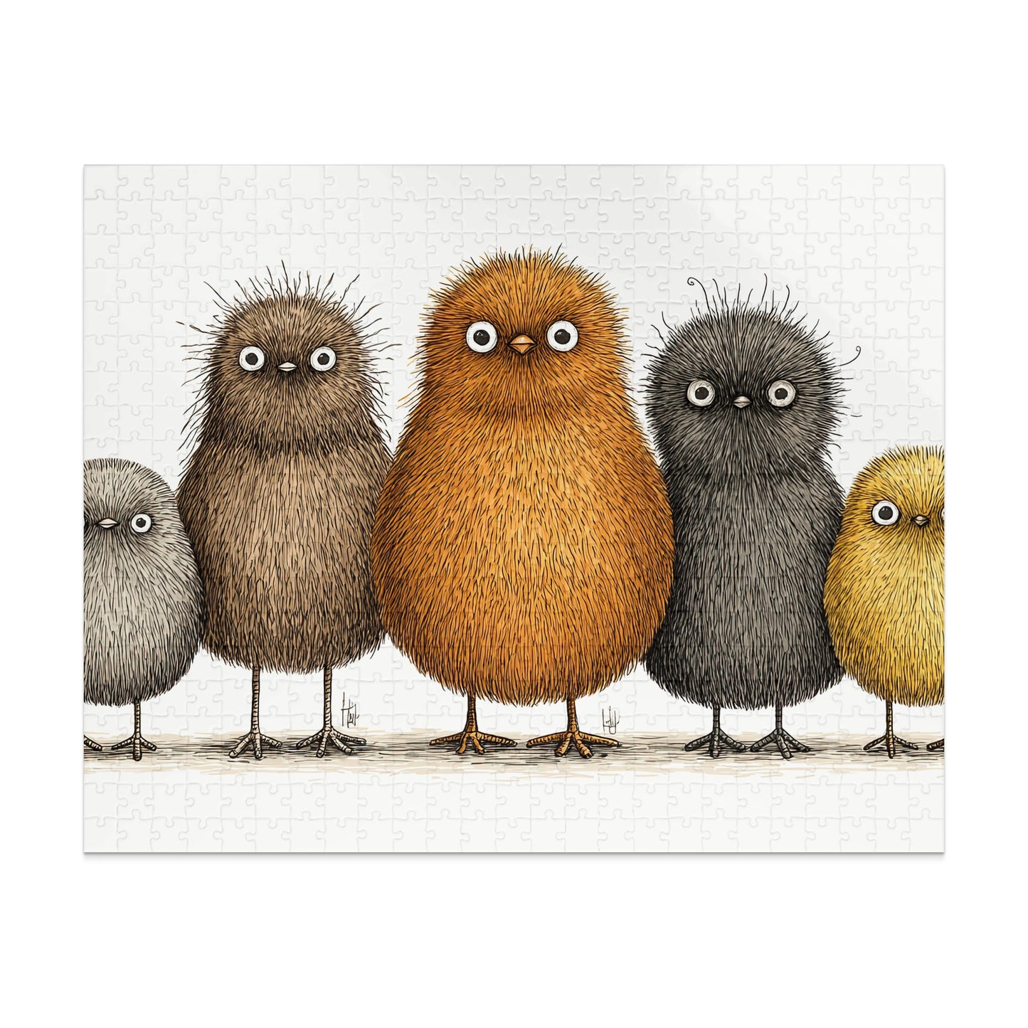 Five fuzzy cartoon birds of varying colors stand in a line.