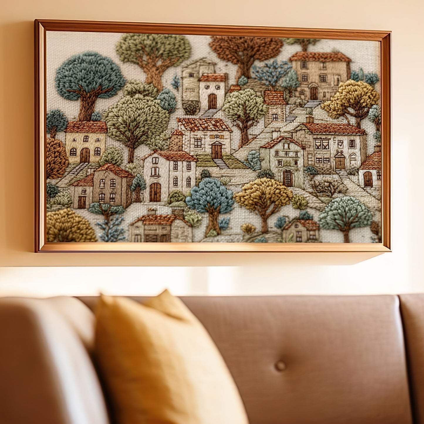 Intricate Village Embroidery Art with Frame Wall Decor