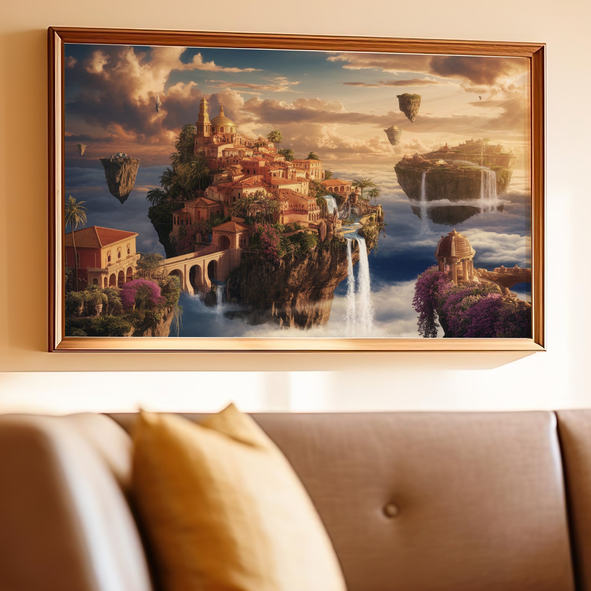 Framed artwork of a fantasy city on floating islands with waterfalls and clouds.