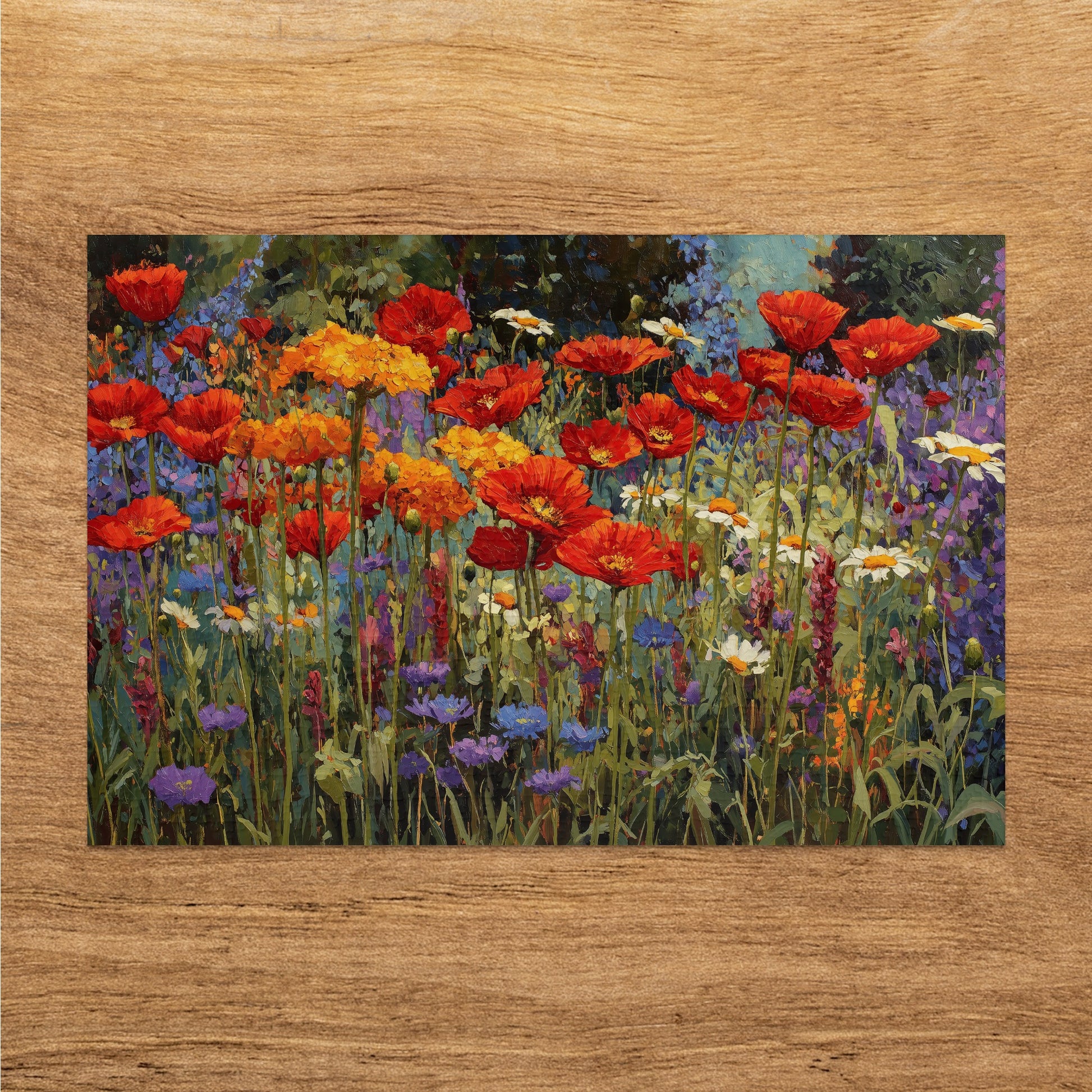 Field of red and orange poppies with blue and white wildflowers.