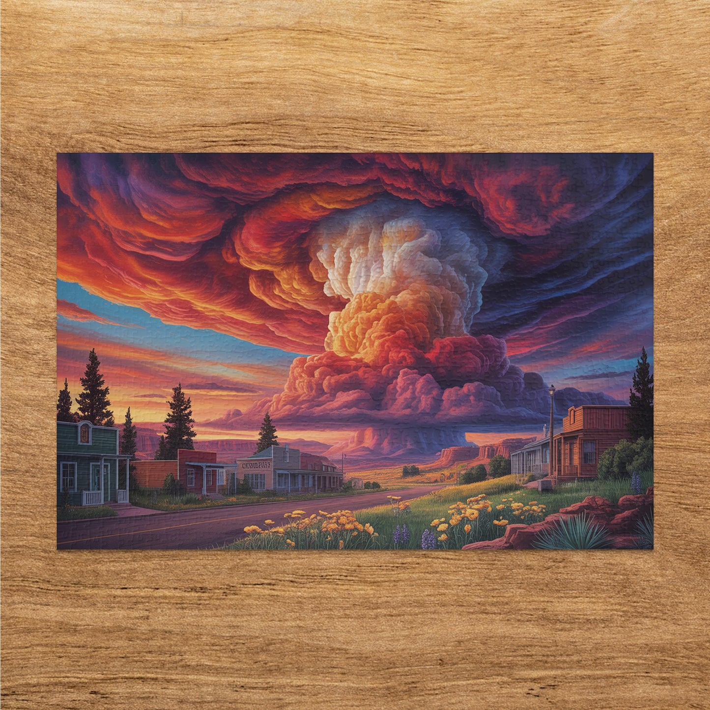 Painting of a western town under a swirling, colorful mushroom cloud and sunset sky.