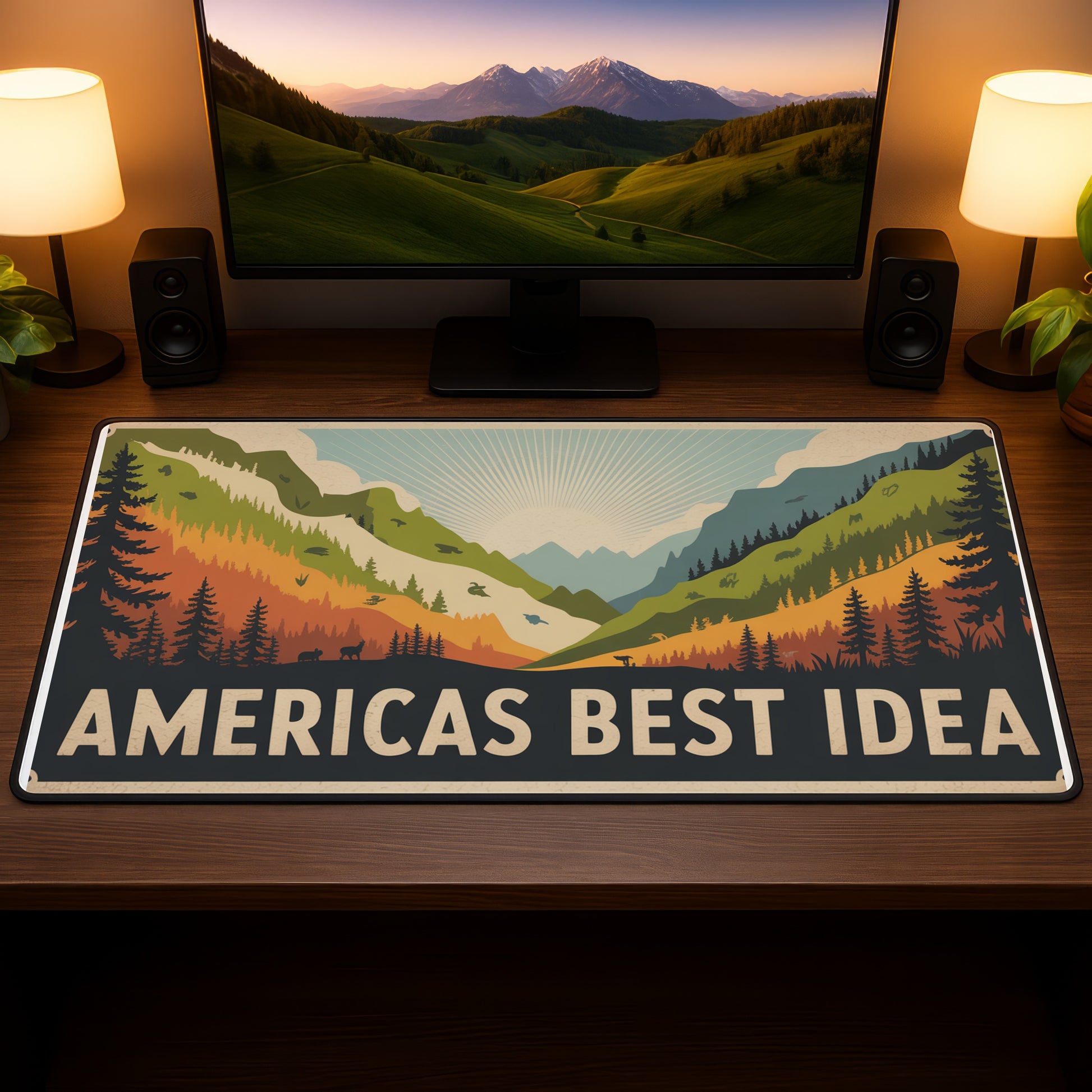 Desk mat with a stylized mountain landscape and text "AMERICAS BEST IDEA".