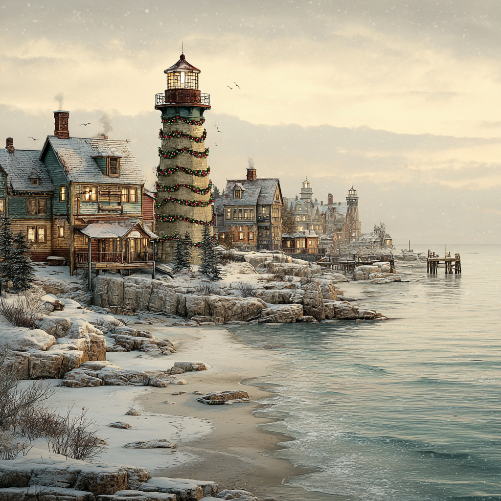 Snowy Seaside Village Lighthouse Art Print