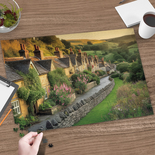 English cottages with stone walls along a winding path, in golden hour light.