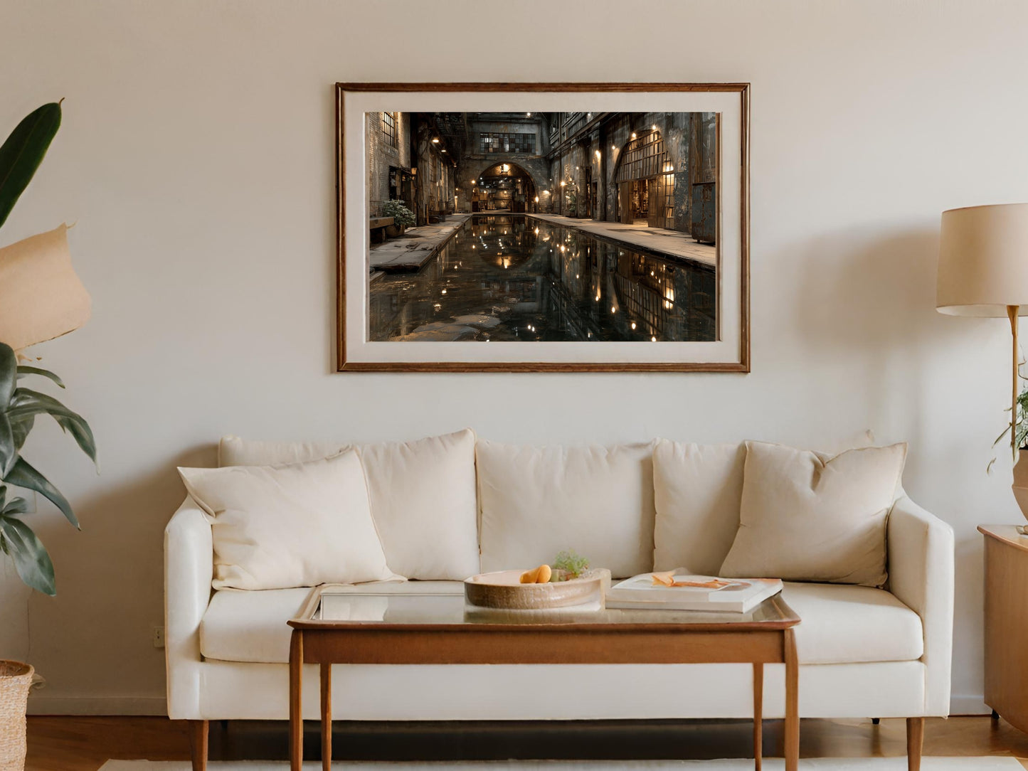 Gilded frame artwork depicts a dimly lit, reflective industrial canal at night.