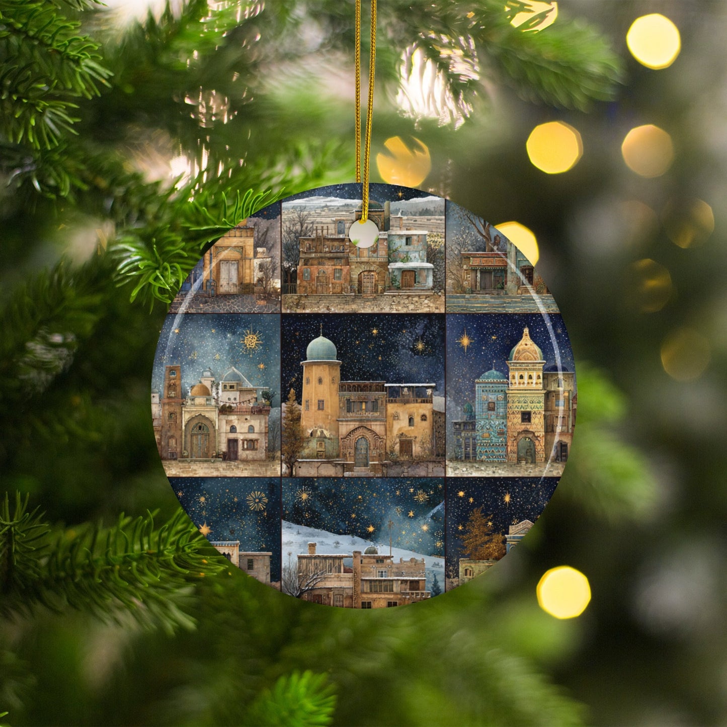Holiday Ornament Featuring Festive Townscape Illustration