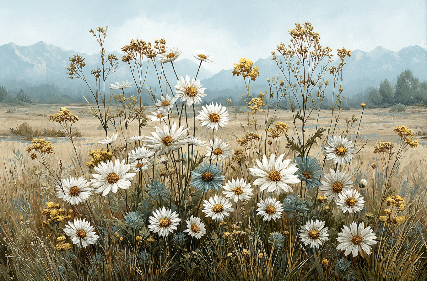 Scenic Wildflowers and Mountain Landscape Artwork