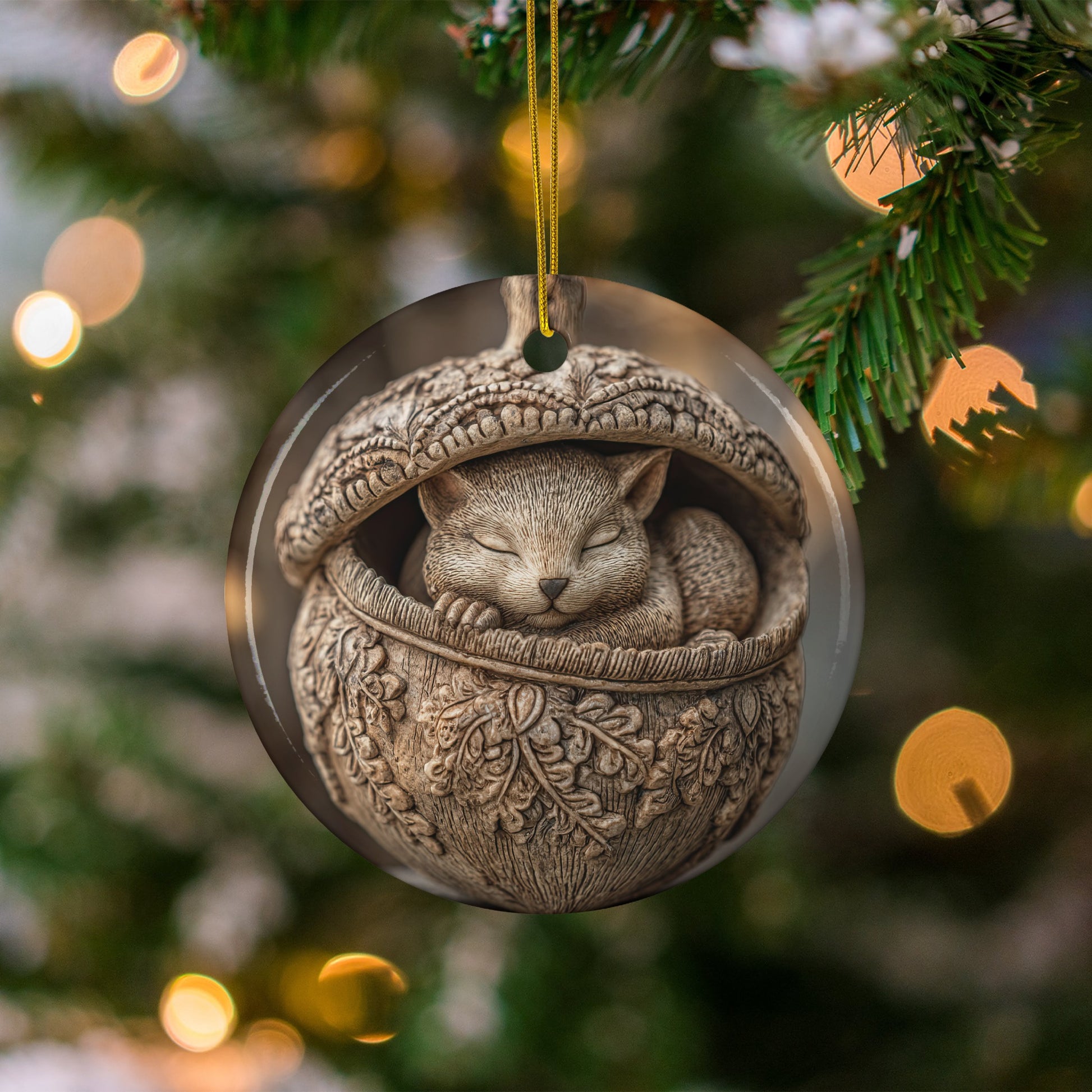 Cat Sleeping in Acorn Christmas Tree Ornament