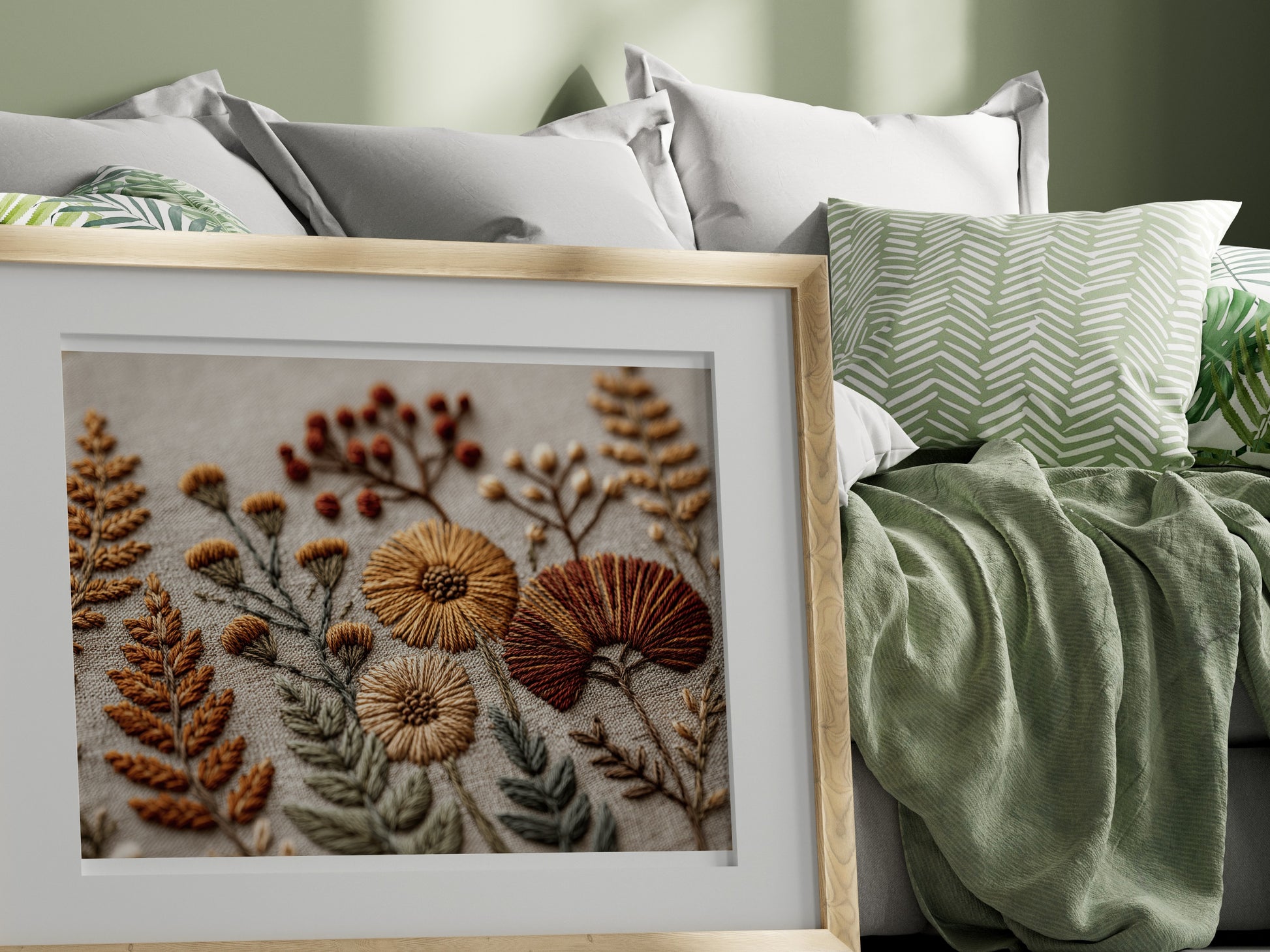 Botanical Embroidery Artwork Print for Home Decor
