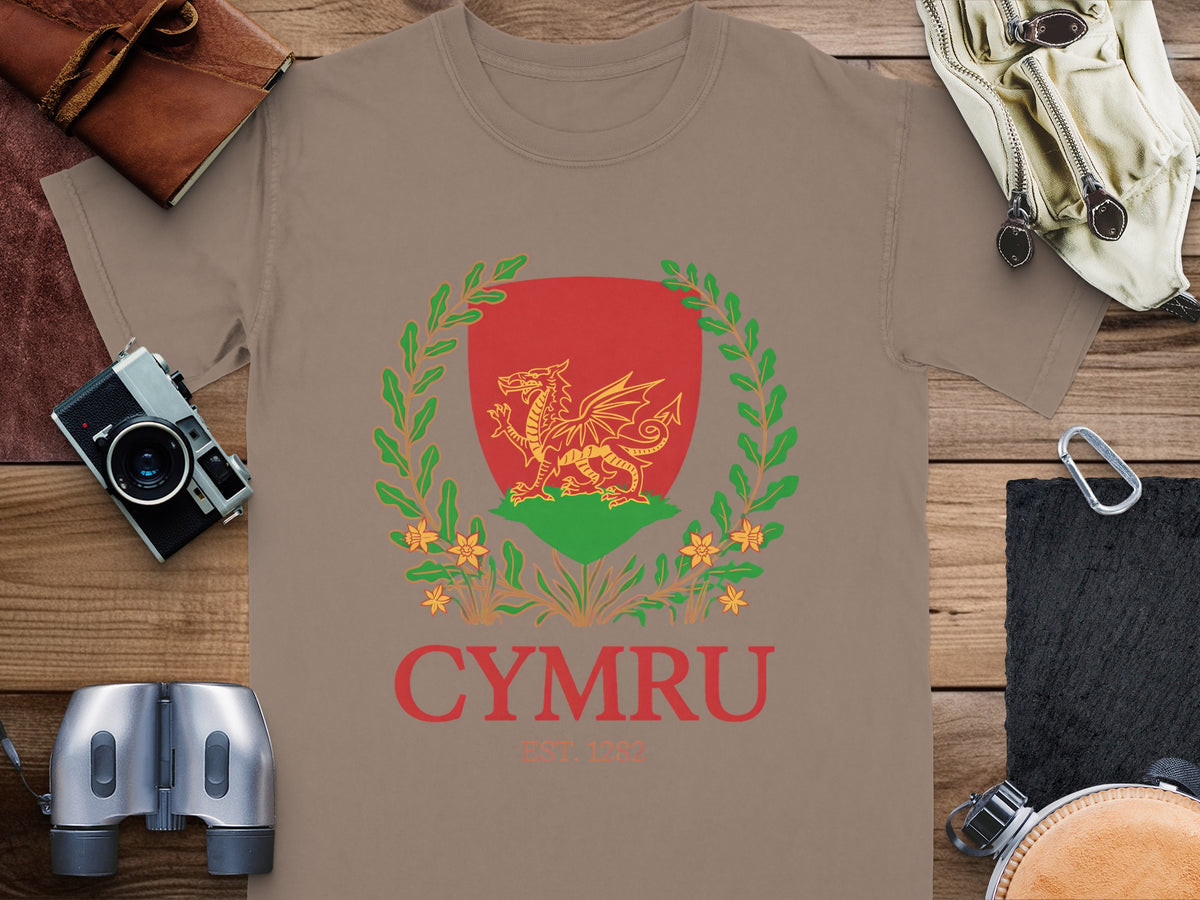 Taupe t-shirt with Welsh dragon crest and "CYMRU EST. 1282" text.