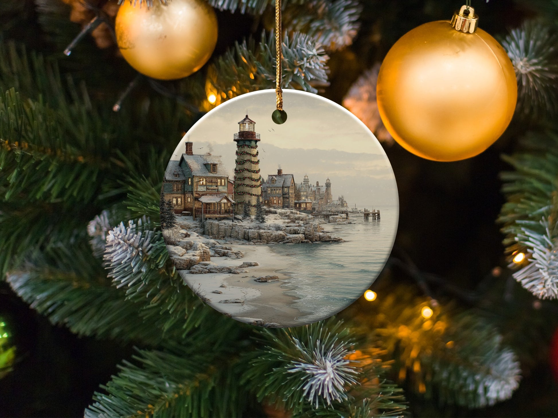 Coastal Snowy Lighthouse Scene Christmas Ornament