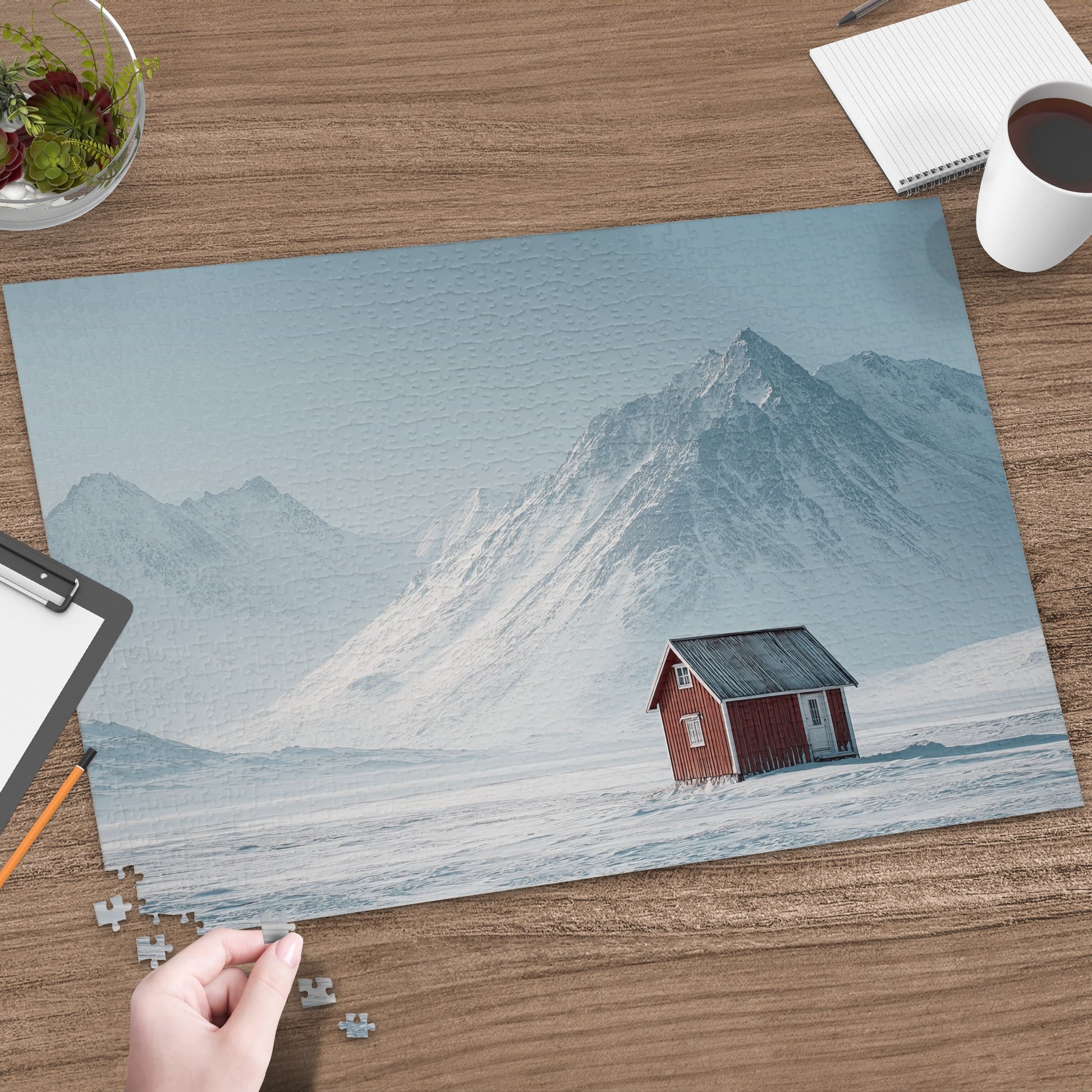Serene Snowy Mountain Scene with Red Cabin Puzzle