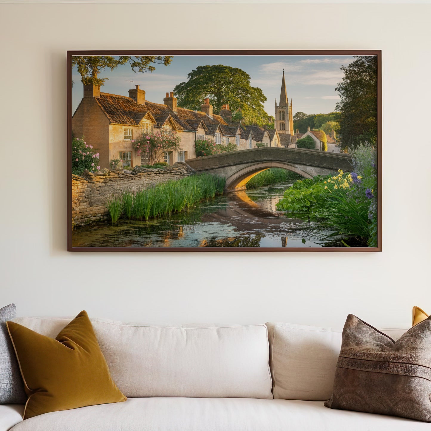 Stone bridge arching over a canal beside cottages and a church spire.