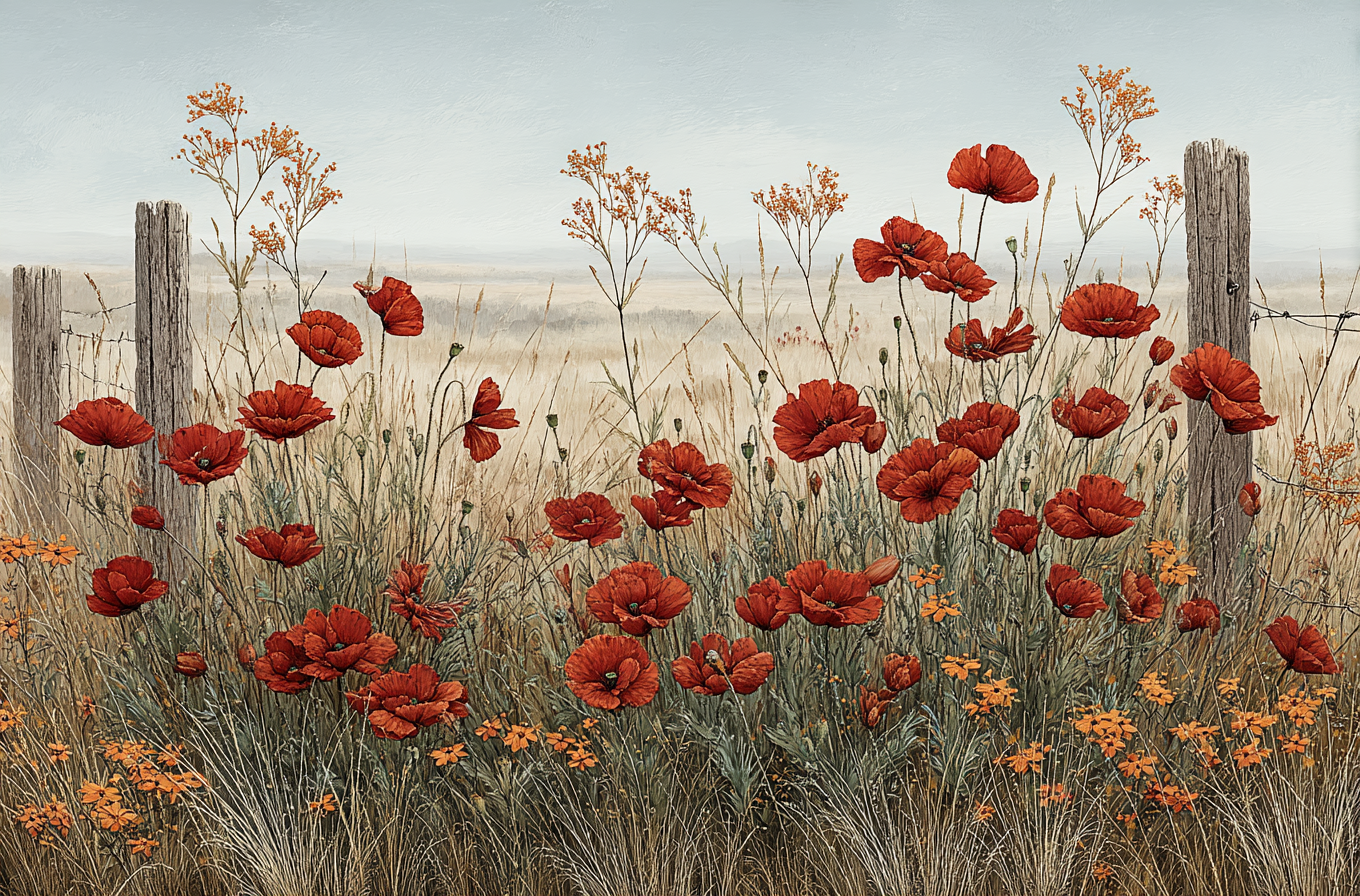 Rustic Field with Red Poppies and Fence product