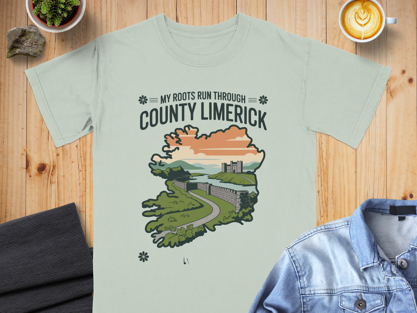 Light green t-shirt with County Limerick map graphic and text "MY ROOTS RUN THROUGH".