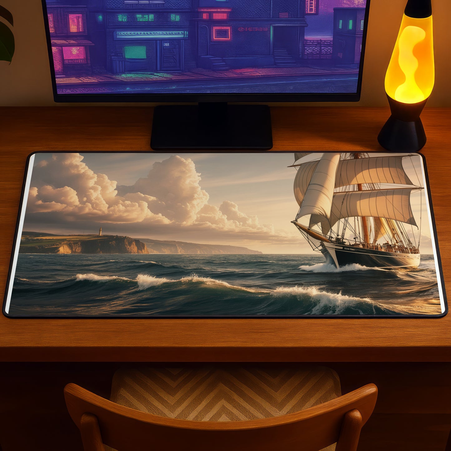Large desk mat with a sailing ship on a dark ocean and a distant lighthouse.