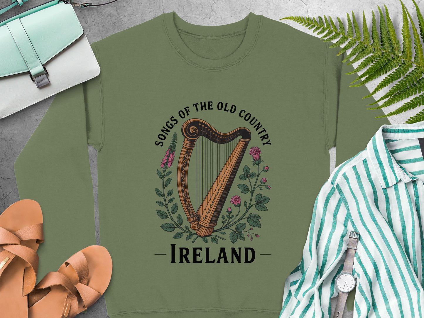 Harp, flowers, and "Ireland" text on Military Green sweatshirt