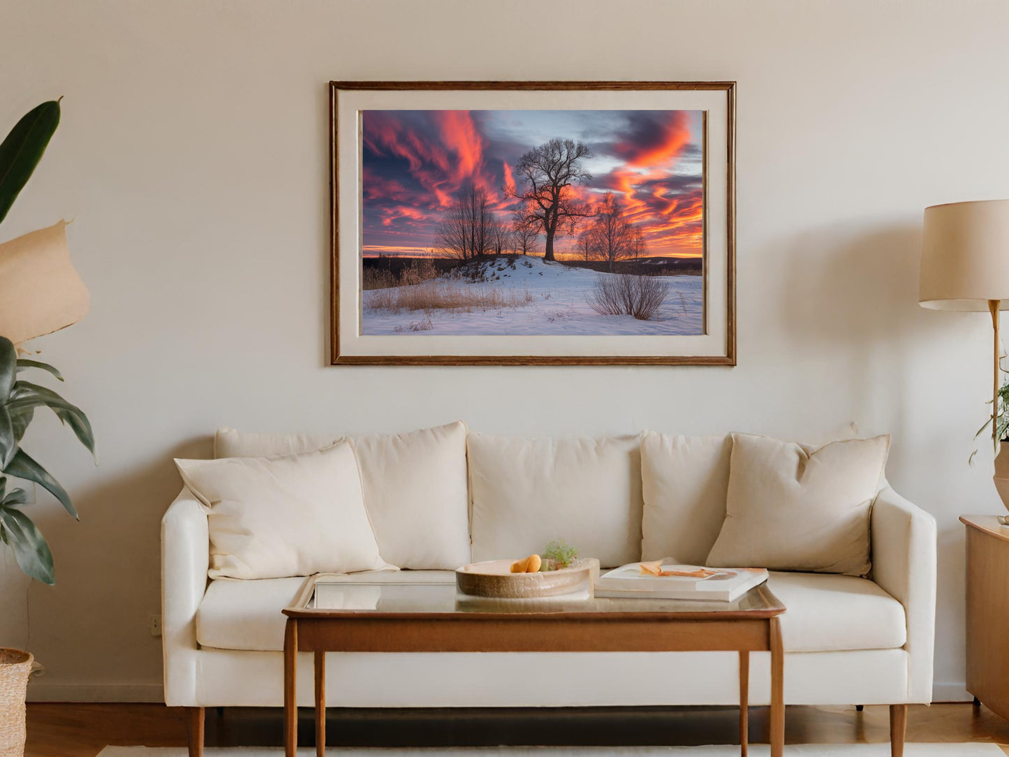 Framed sunset landscape art hangs above a cream sofa with a wooden coffee table.