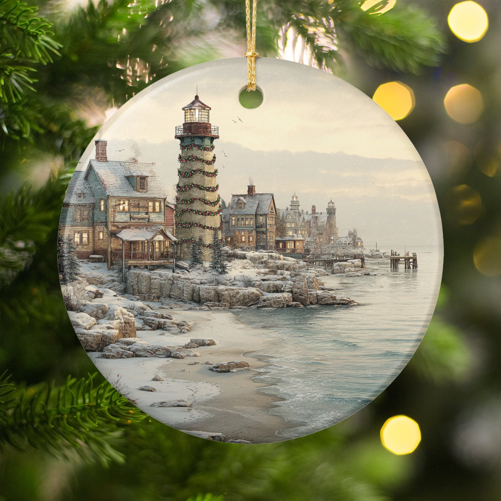 Beautiful Snowy Lighthouse and Village Scene Ornament