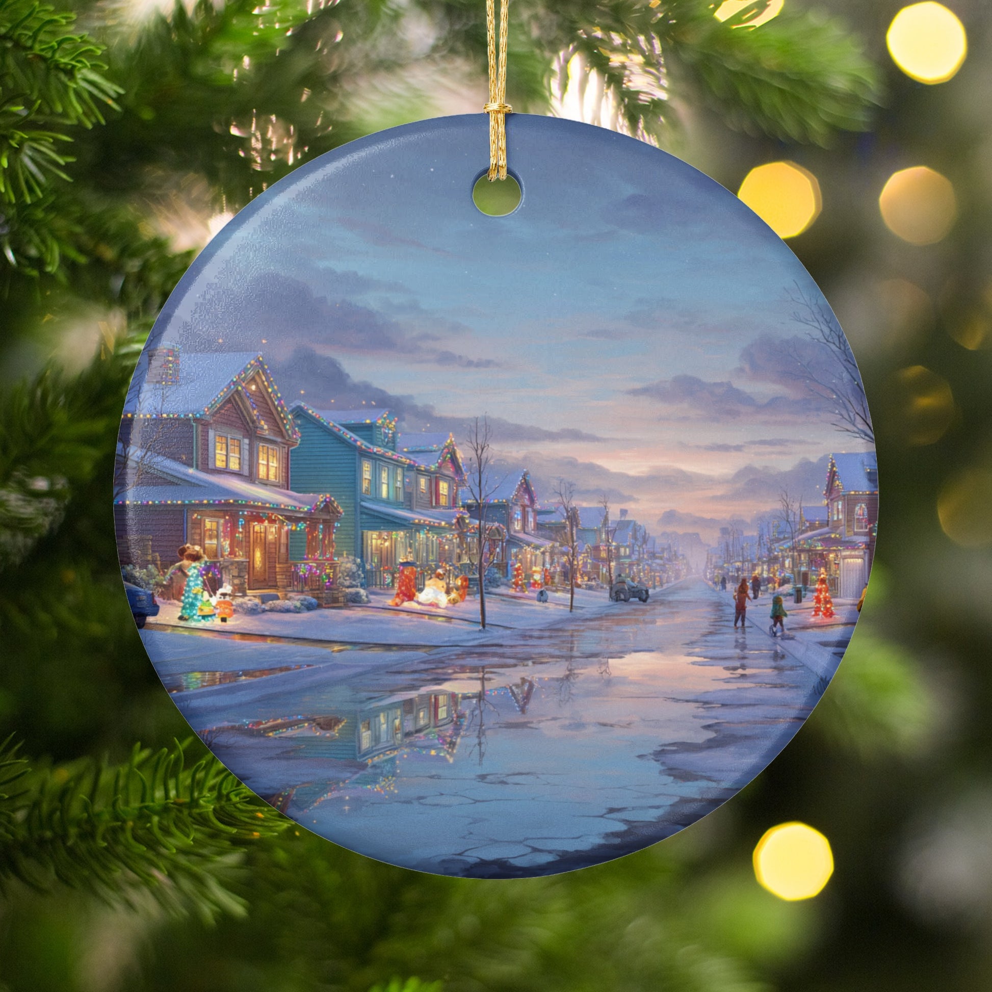 Winter Village Christmas Scene Round Ornament