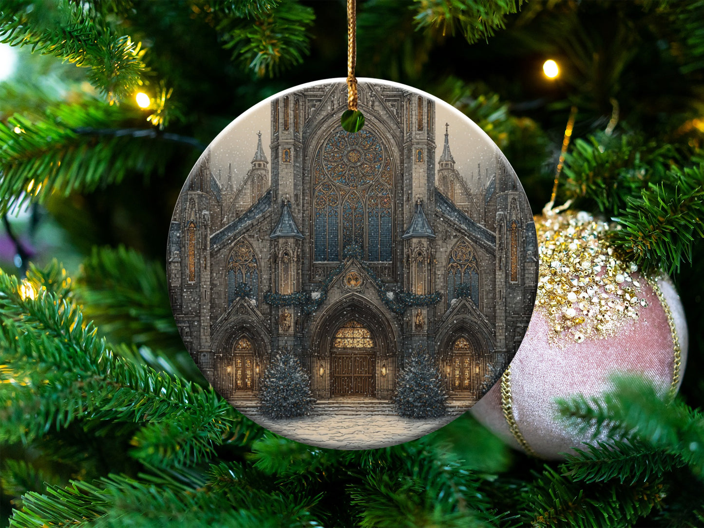 Beautiful Vintage Cathedral Scene Christmas Ornament