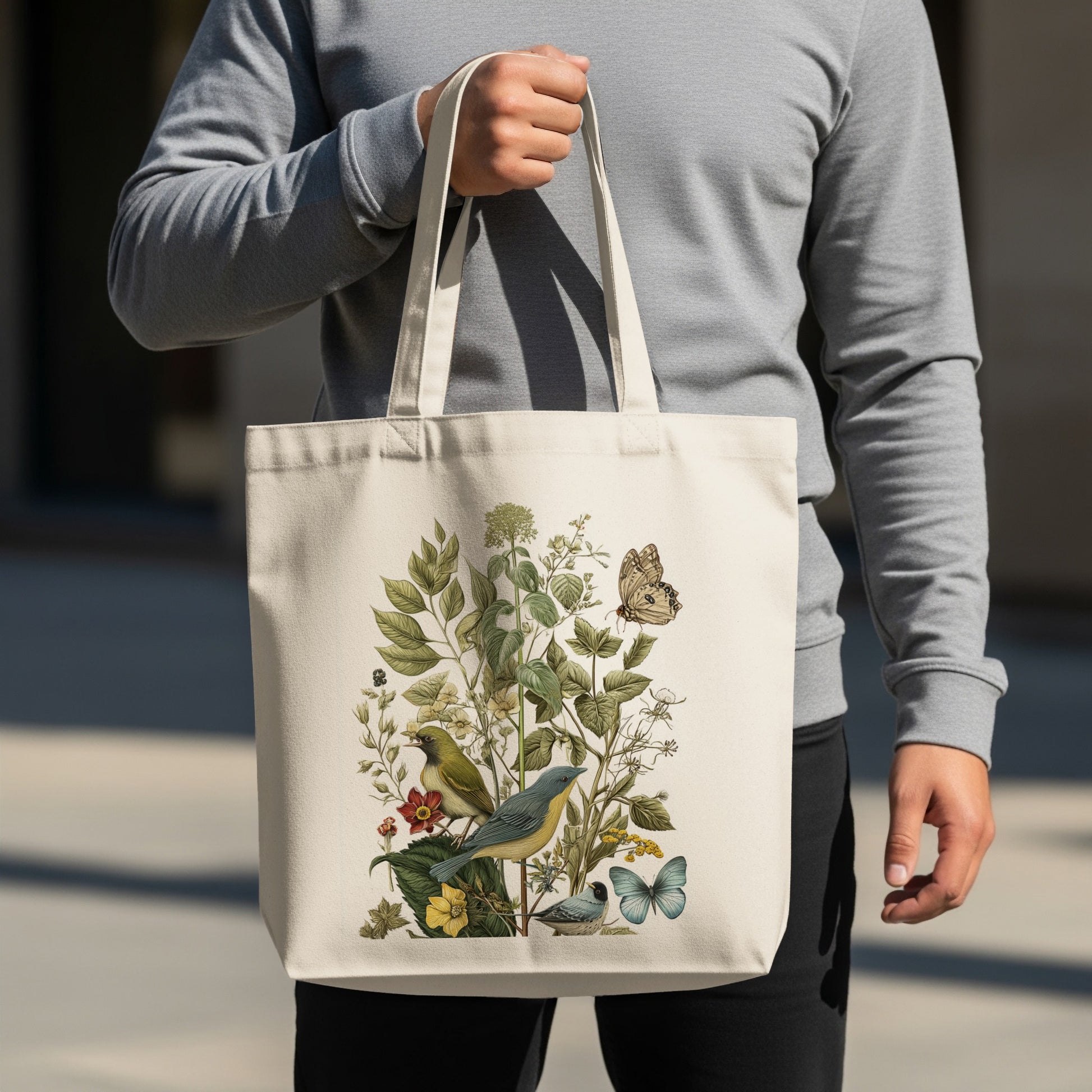 Nature Inspired Tote Bag with Birds and Butterflies