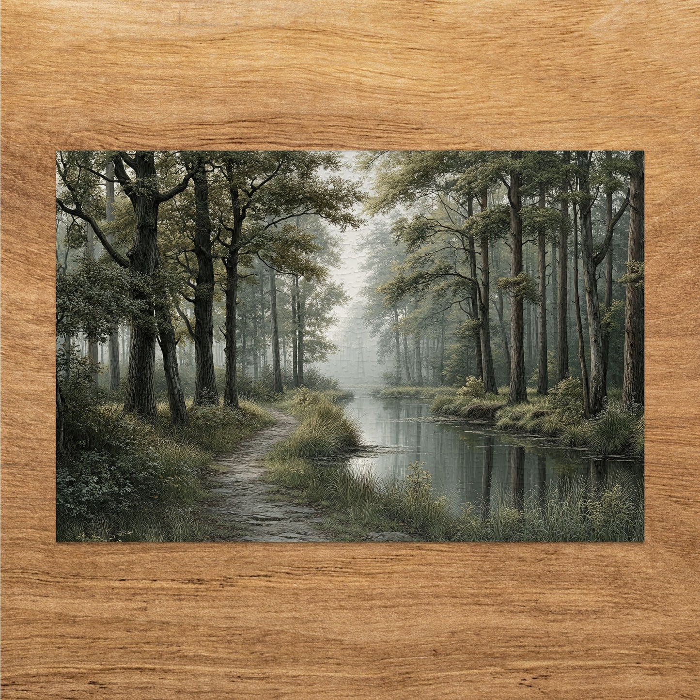 Tranquil forest pathway beside a serene river print