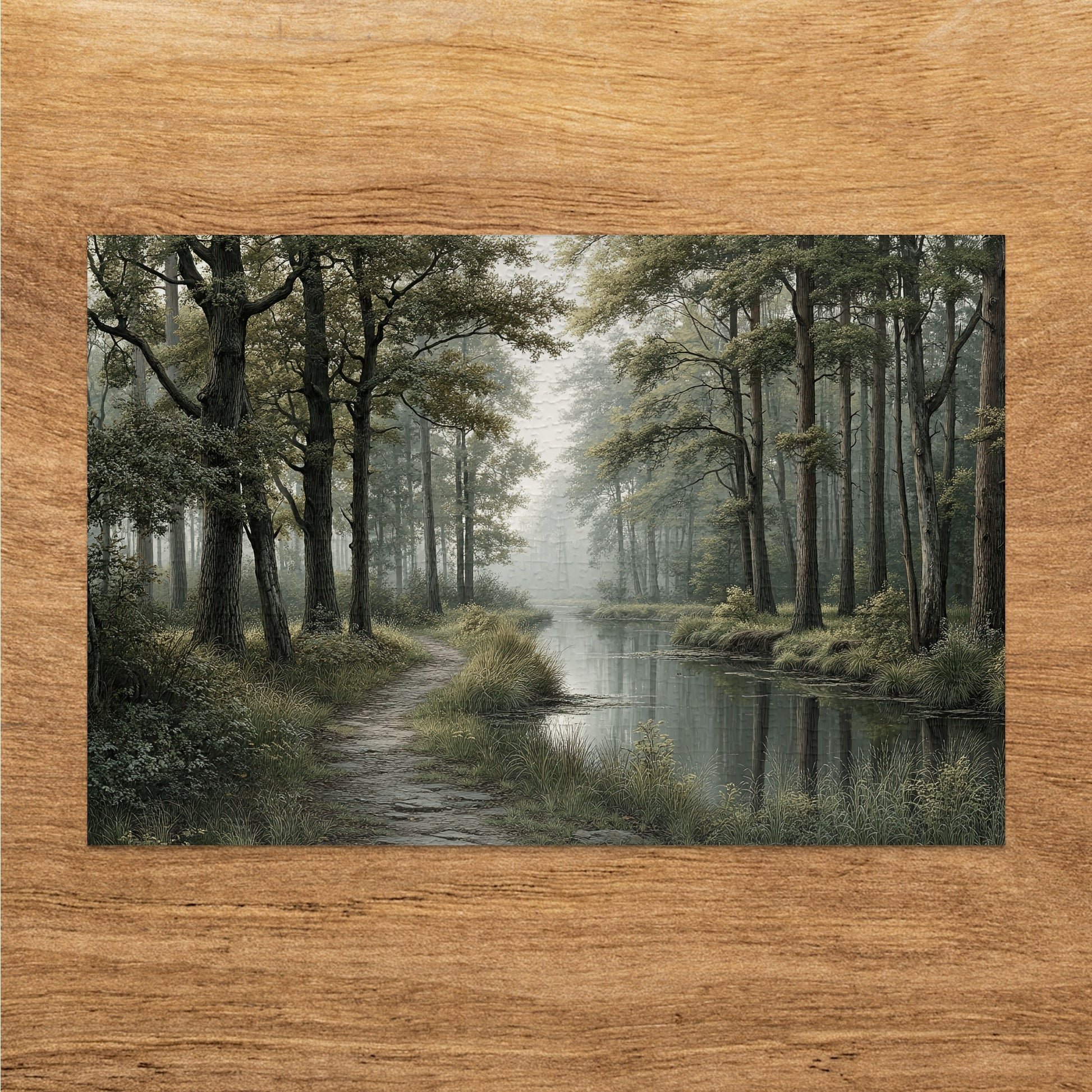 Tranquil forest pathway beside a serene river print
