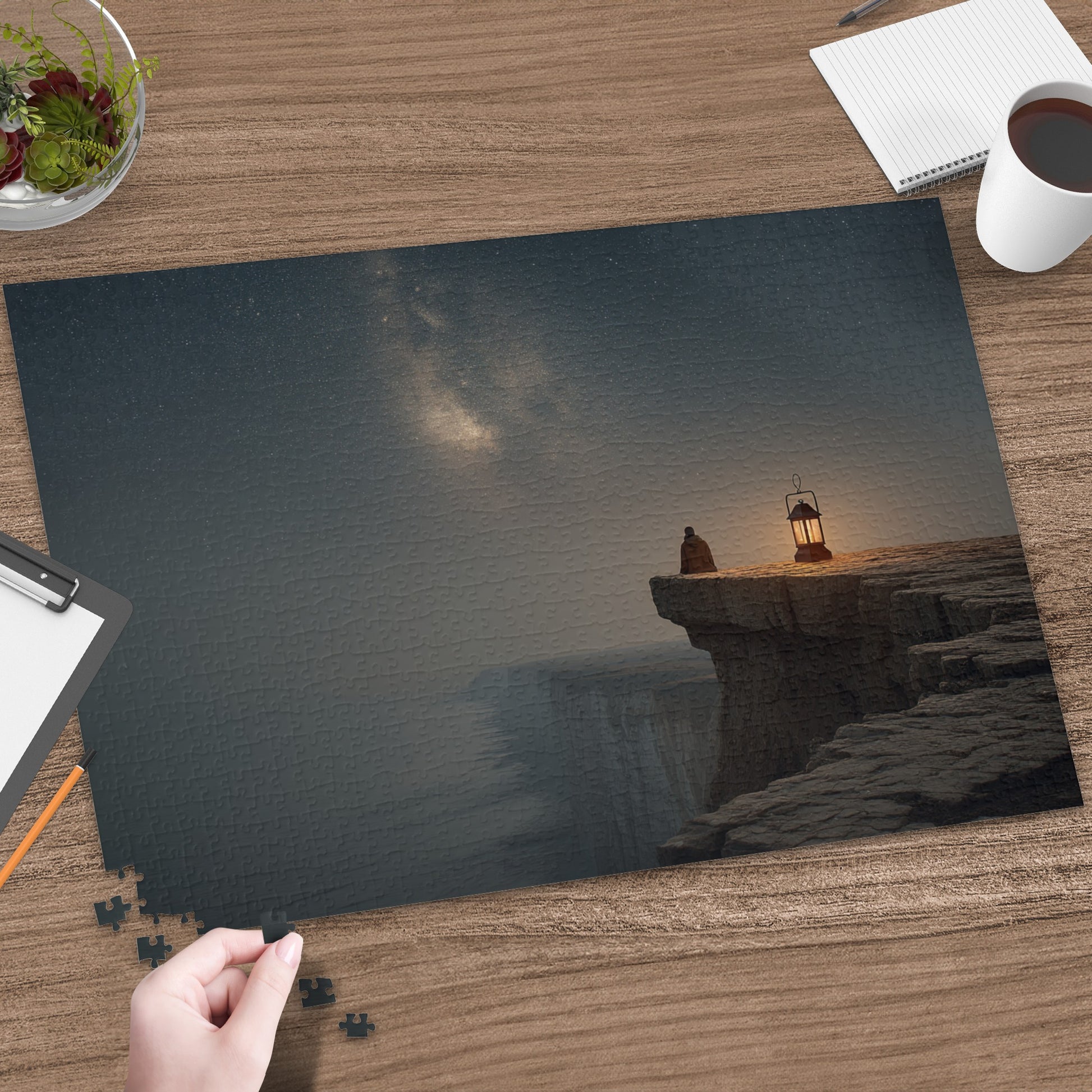 Puzzle of Person Holding Lantern on Cliff Edge Puzzle