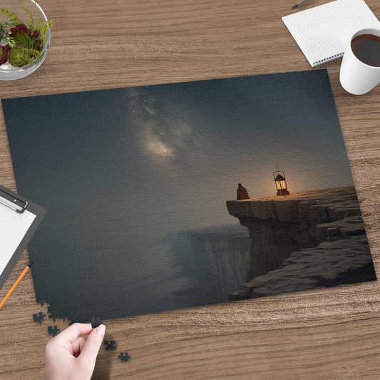 Puzzle of Person Holding Lantern on Cliff Edge Puzzle