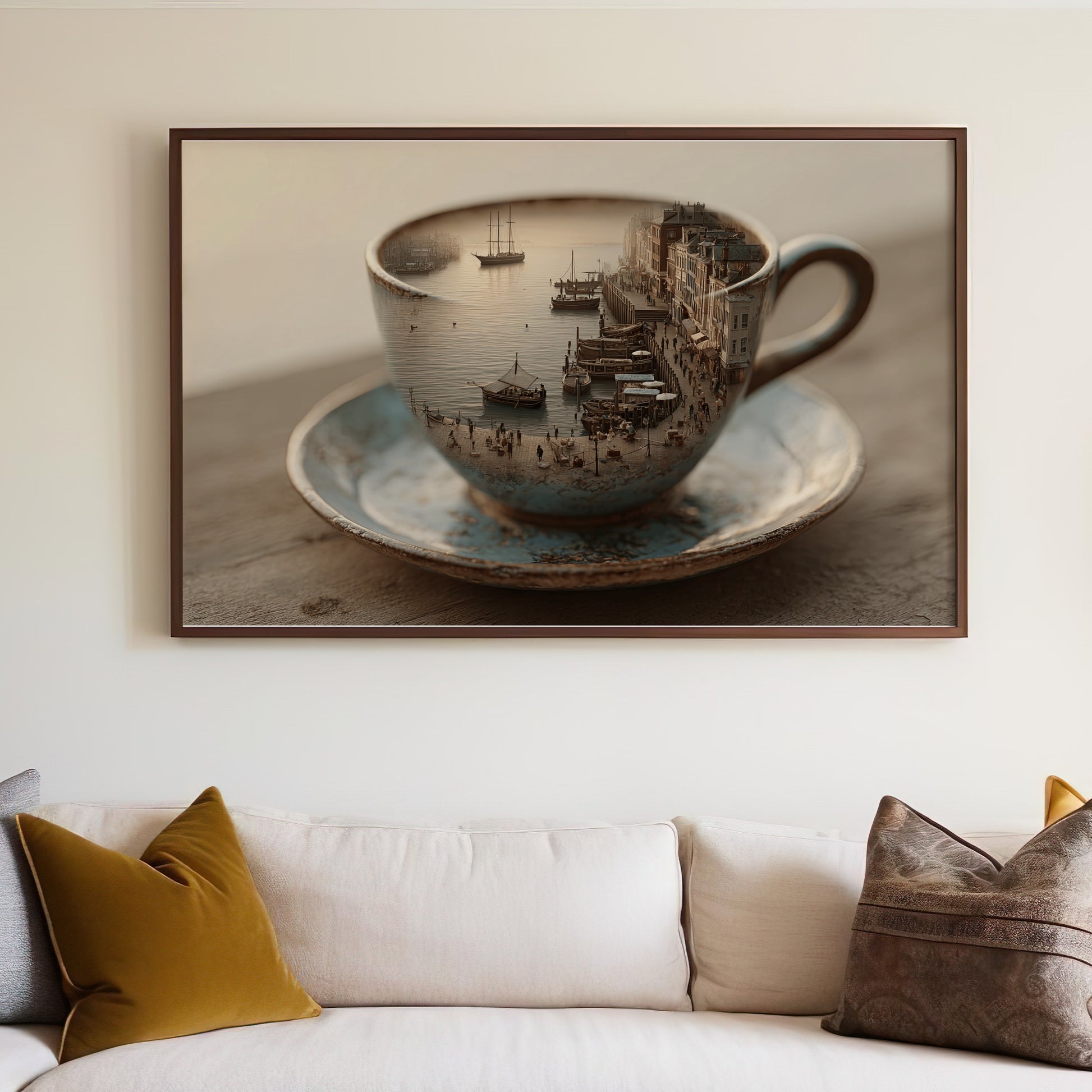 Cup of coffee with a bustling European port scene inside.