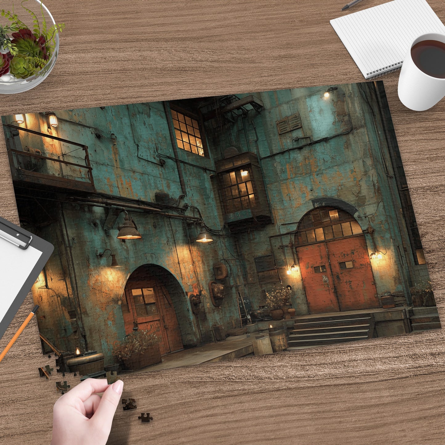 Puzzle of an old industrial building with rusted blue walls and orange doors.