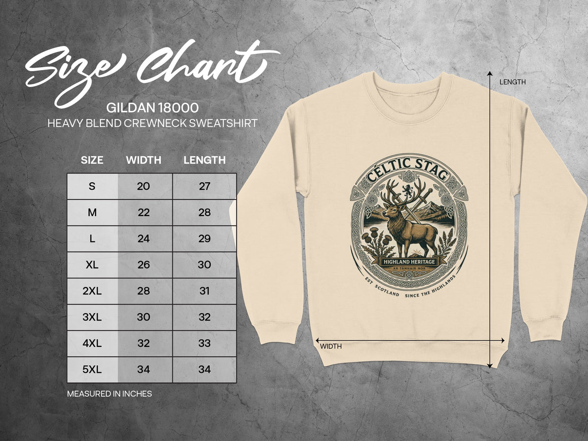 Gildan 18000 crewneck sweatshirt size chart with width and length measurements.