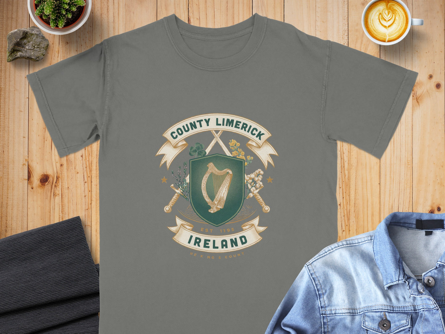 Grey t-shirt with County Limerick Ireland crest, harp, and crossed swords design.